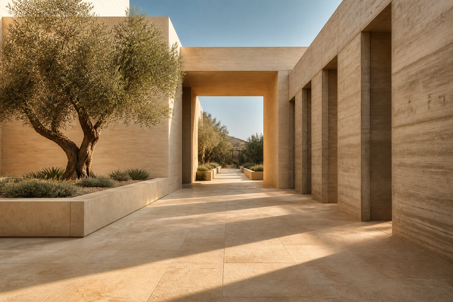 Architectural illustration of a sunlit courtyard in warm stone, with an olive tree and long geometric shadows.